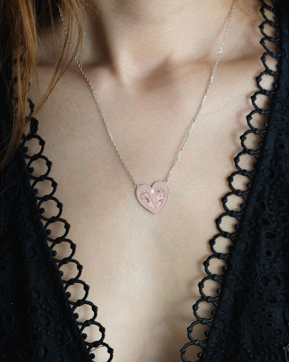 Handprints / Footprints Large Heart Necklace with a Diamond