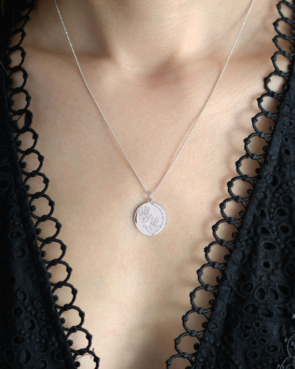 Footprints / Handprints Moon Necklace with Diamonds