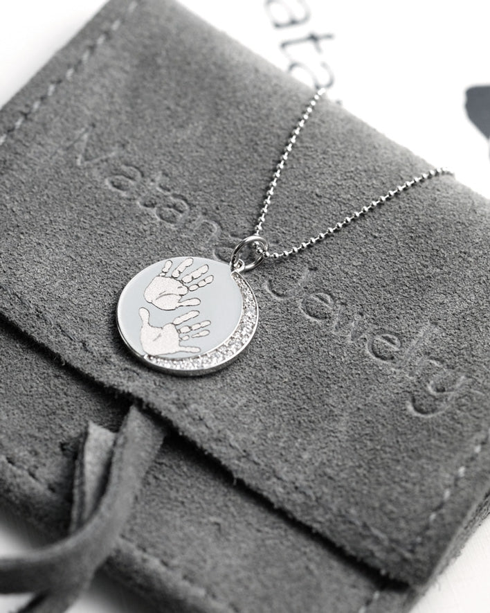 Footprints / Handprints Moon Necklace with Diamonds