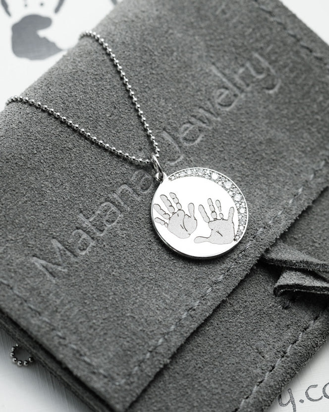 Footprints / Handprints Moon Necklace with Diamonds