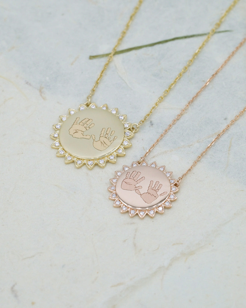Footprints / Handprints Sun Necklace with Diamonds