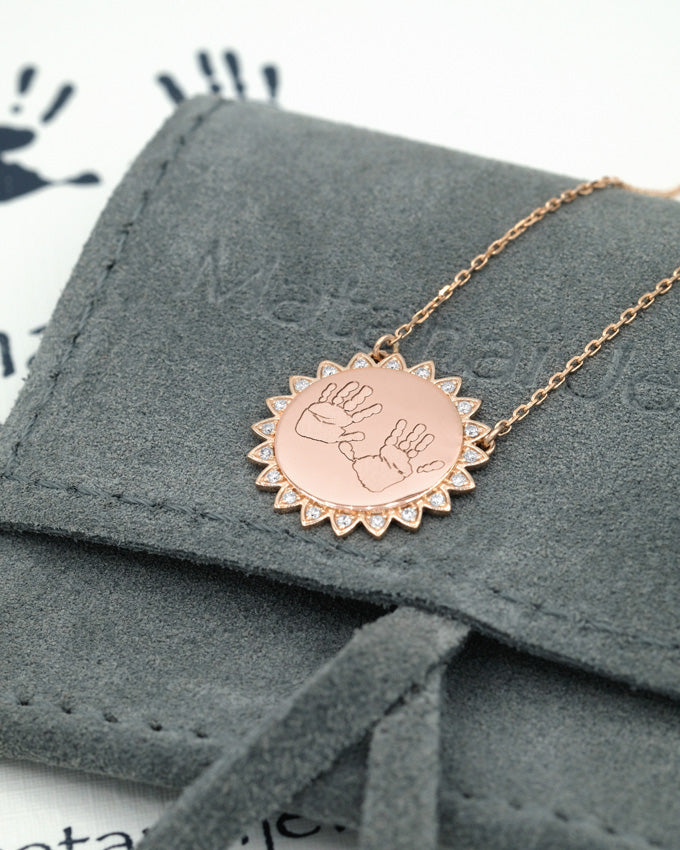 Footprints / Handprints Small Sun Necklace with Diamonds
