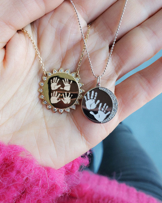 Footprints / Handprints Moon Necklace with Diamonds