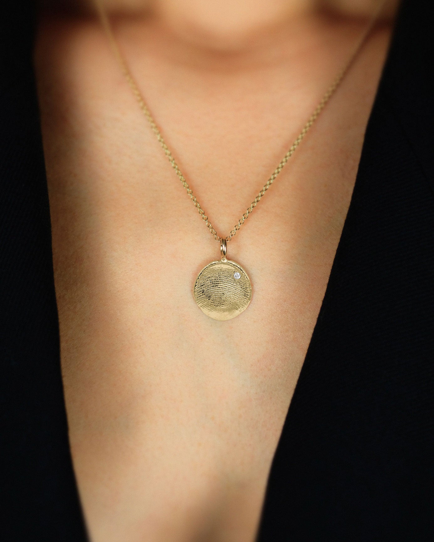 Fingerprint Necklace in solid gold on 1.5mm chain with a diamond