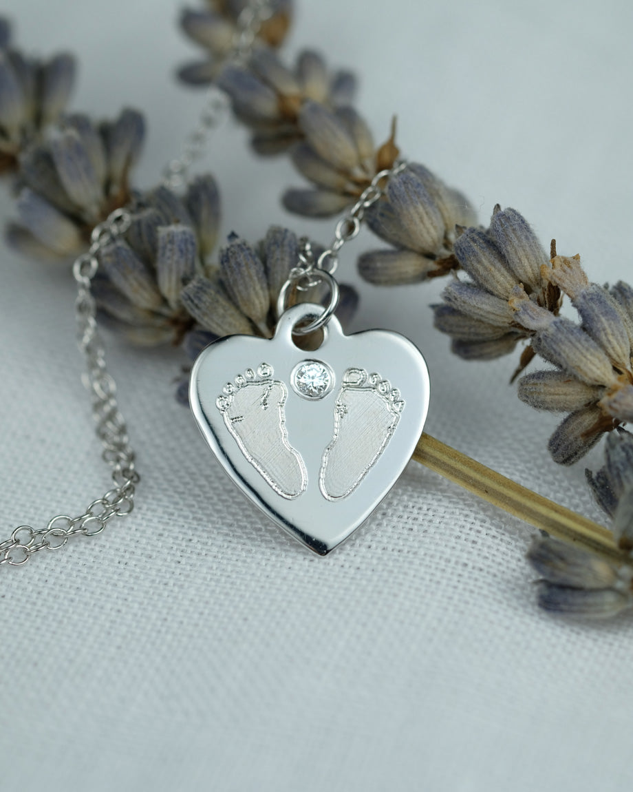 Handprint / Footprint Heart Necklace with a Diamond