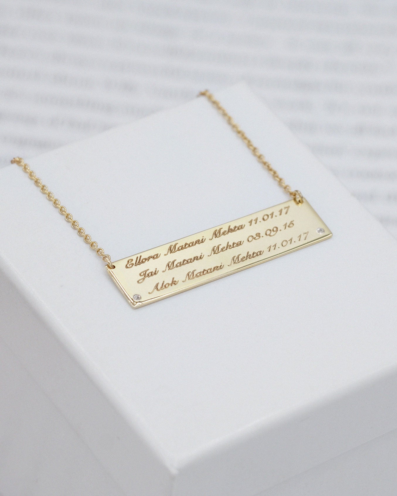 Kids Handprints / Footprints Bar Necklace in 14K Gold with Diamond