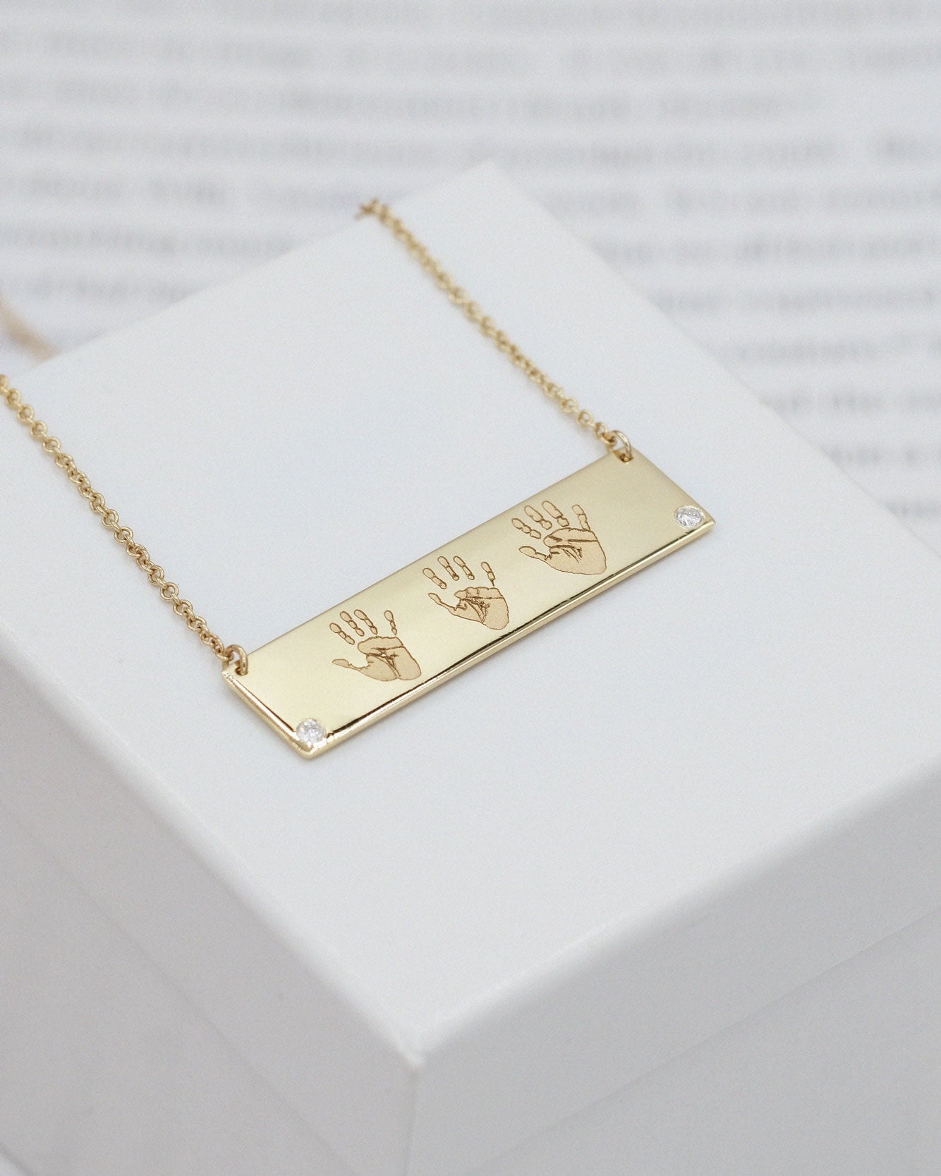 Kids Handprints / Footprints Bar Necklace in 14K Gold with Diamond