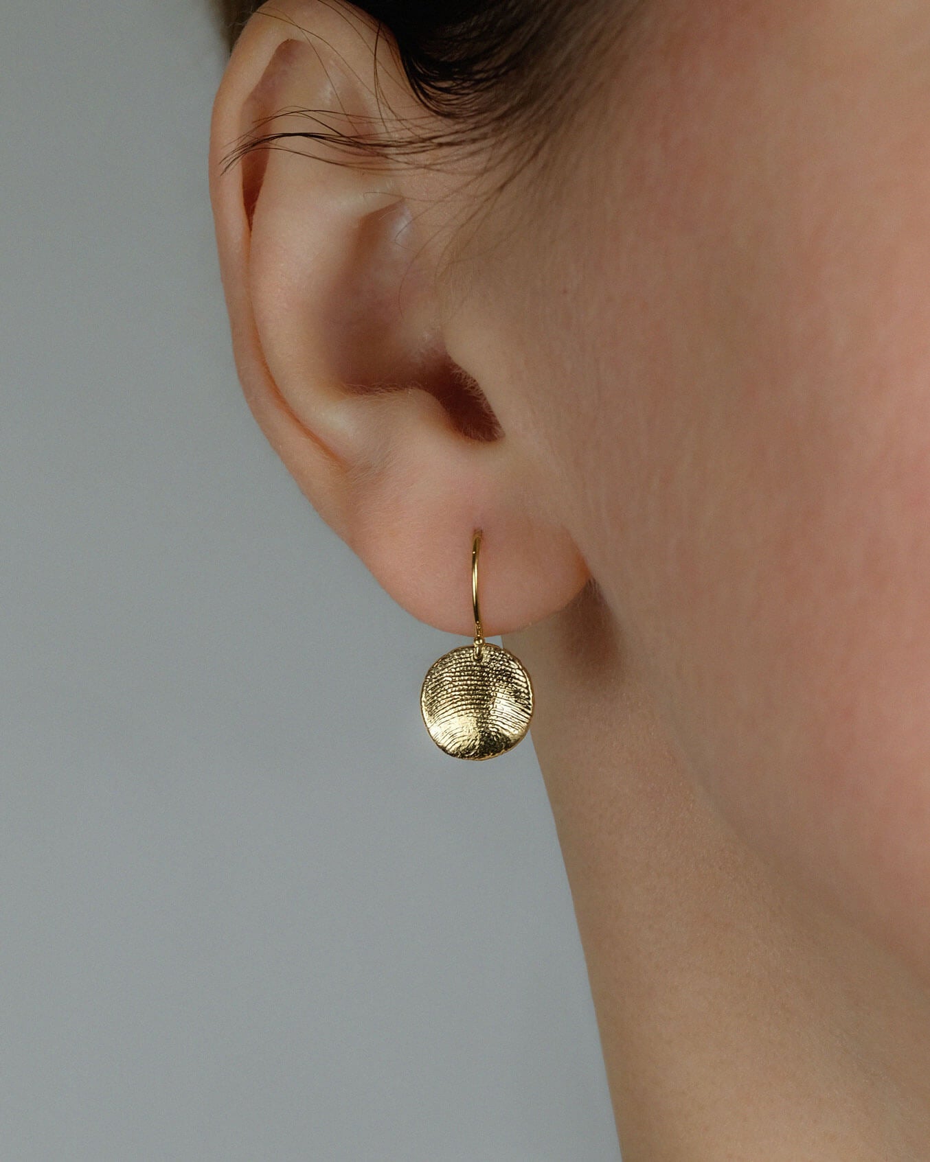 Mini Fingerprints Hook Earrings in solid 14k yellow gold by Matanai Jewelry