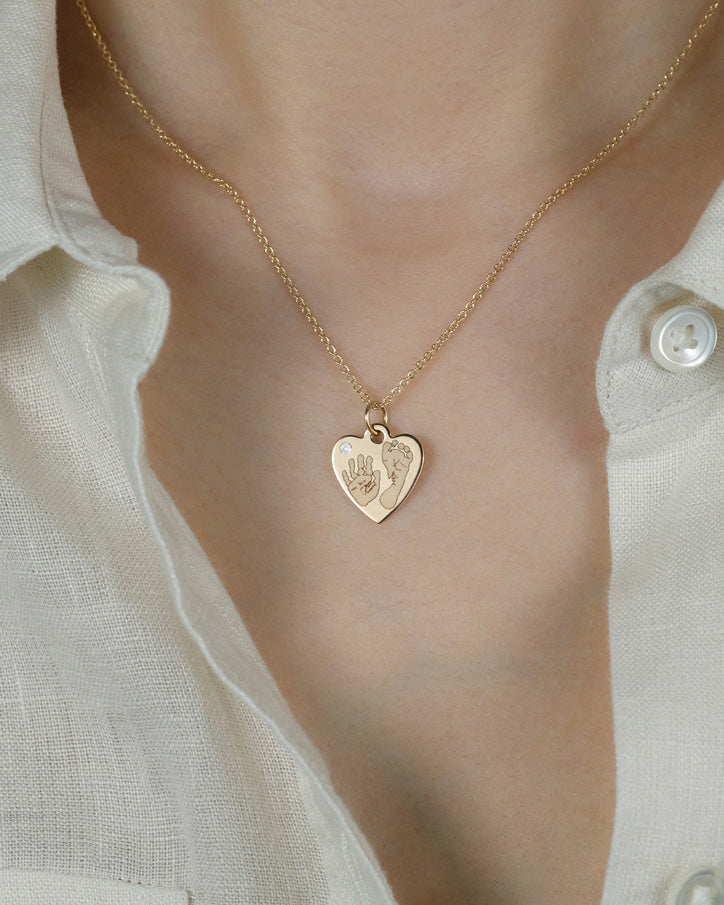 Handprint / Footprint Heart Necklace with a Diamond