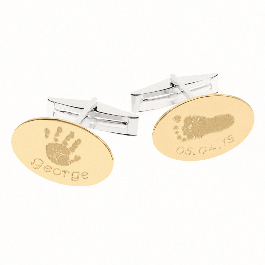 Footprint / Handprint Oval Cufflinks in 14k gold with silver backs
